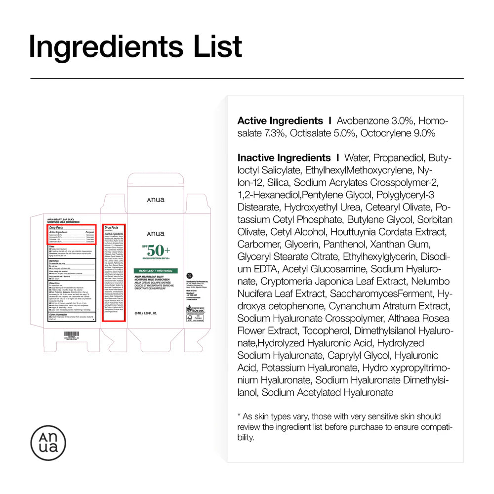 ( RENEWED )ANUA Heartleaf + Panthenol Silky Moisture Mild Sunscreen SPF50+ 50ml